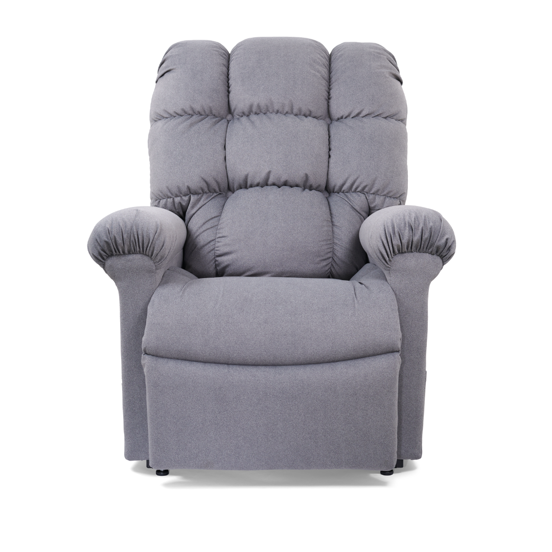 The Golden Tech PR510 MaxiComfort Cloud Recliner with Lift Assist in extra-wide size offers ultimate relaxation with its soft, cushioned padding and features like Zero Gravity+ positioning and Full Body Heat Wave Technology, all wrapped in cozy textured fabric against a plain white background.