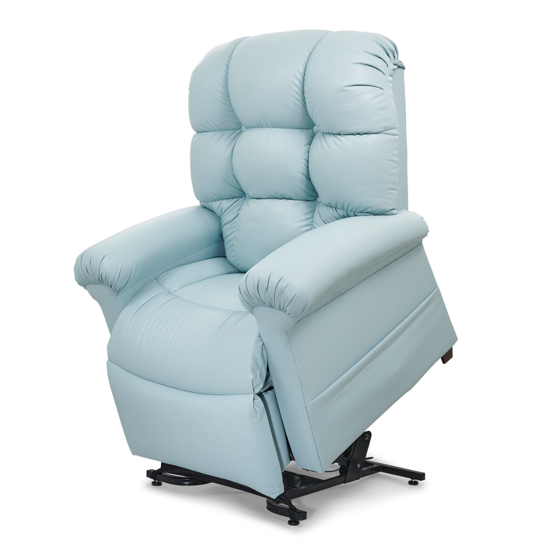 The Golden Tech PR510 MaxiComfort Cloud Recliner, in light blue, offers plush cushioning and soft armrests for ultimate comfort. Its Zero Gravity+ positioning and lift assist feature provides support and luxury in an elegant design.