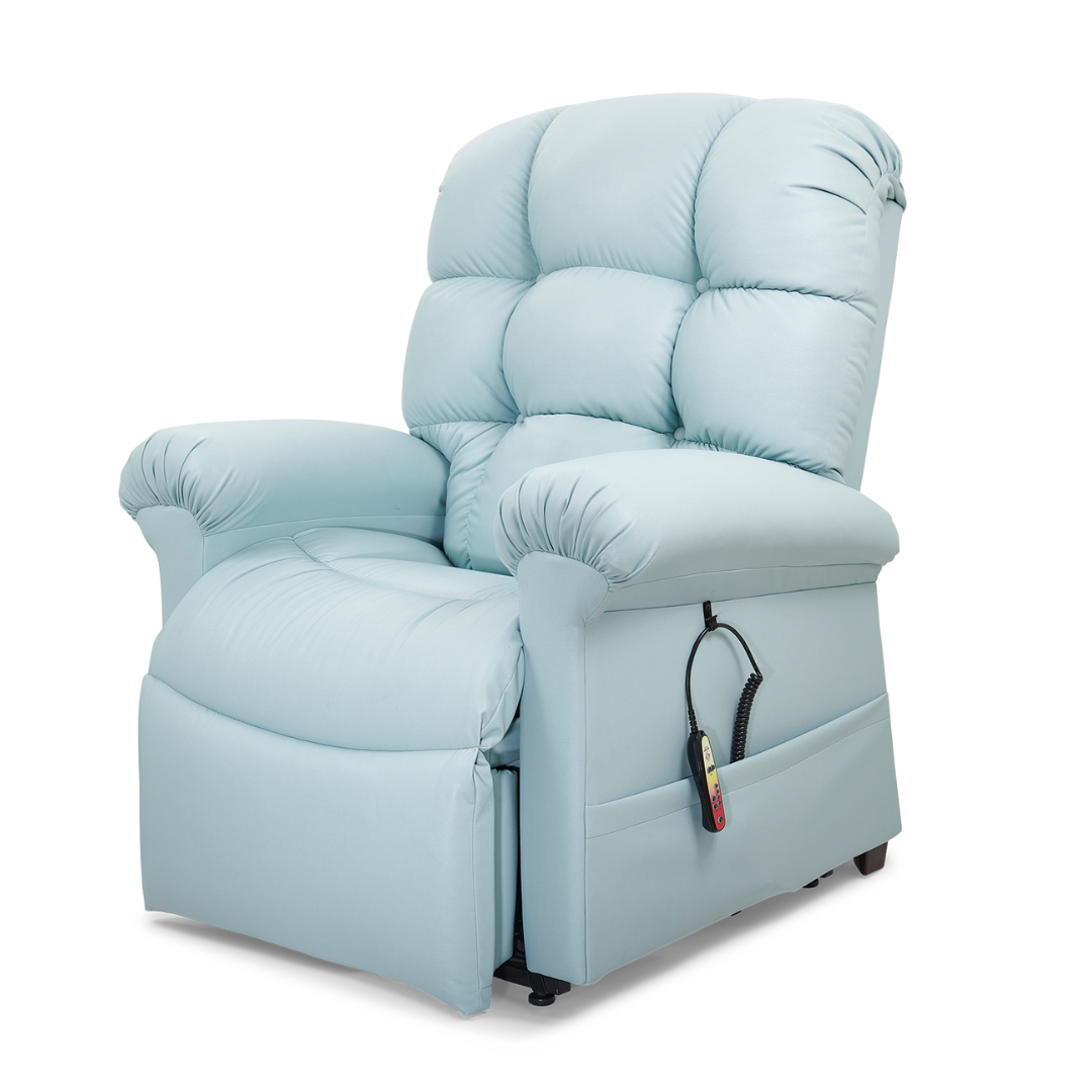 The Golden Tech PR510 MaxiComfort Cloud Recliner with Lift Assist - Extra Wide is a light blue, plush chair featuring ZG+ positioning, a cushioned backrest, padded armrests, an attached remote, and Full Body Heat Wave Technology. It’s partially reclined against a plain white background for relaxation.