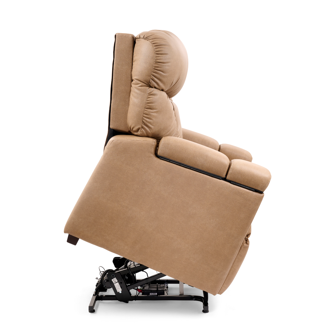 The Golden Cloud+ PR511 Recliner with Lift Assist, Heatwave & Nirvana Massage is shown in tan upholstery in a lifted position, displaying its mechanical lift and recline system that helps users stand up easily.
