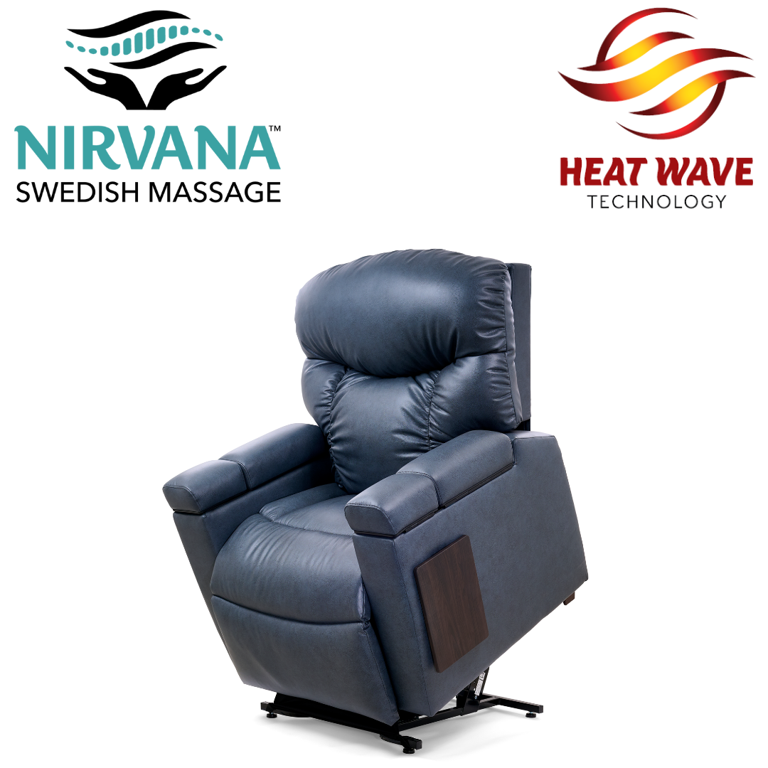 The Golden Cloud+ PR511 Recliner with Lift Assist, Heatwave & Nirvana Massage is shown in dark blue with wooden armrest panels. Logos above highlight its massage, heating, and adjustable headrest features.