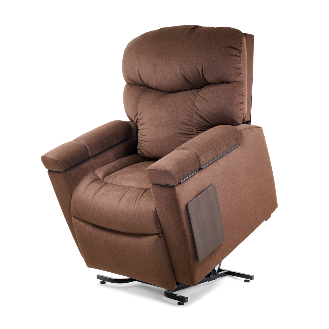 The Golden Cloud+ PR511 Recliner with Lift Assist, Heatwave & Nirvana Massage is shown in plush brown with padded armrests, a wooden accent panel, and metal base, featuring MaxiComfort Positioning, partially lifted against a white background.