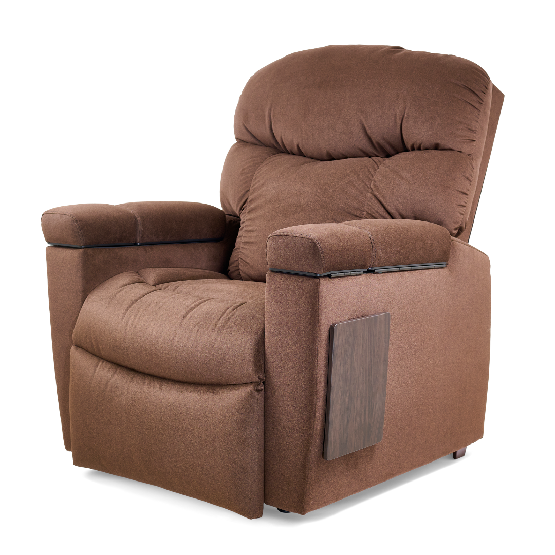 The Golden Cloud+ PR511 Recliner with Lift Assist, Heatwave & Nirvana Massage features MaxiComfort positioning, padded armrests, a cushioned back, massage/heat tech, and a right-side wood-look accent panel, shown on a white background.