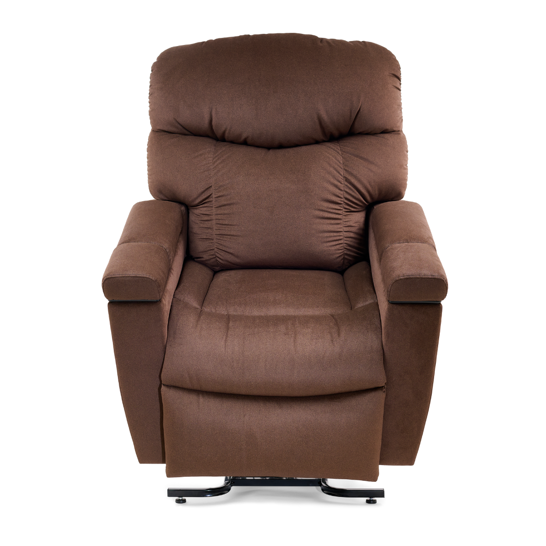 A brown Golden Cloud+ PR511 Recliner with Lift Assist, Heatwave, and Nirvana Massage, plush cushioning, wide armrests, and a metal base, featuring MaxiComfort Positioning, shown from the front on a white background.