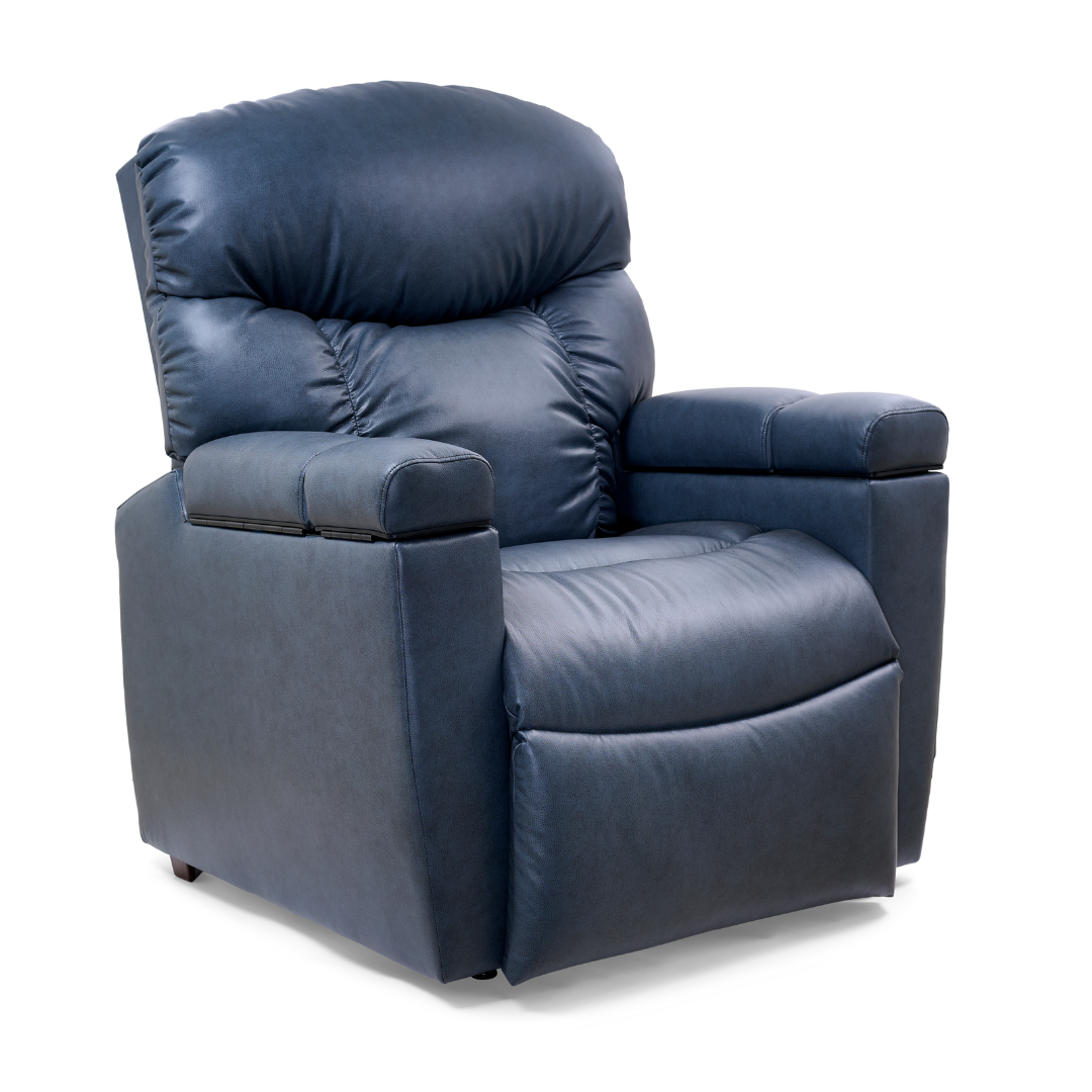 The Golden Cloud+ PR511 Recliner with Lift Assist, Heatwave & Nirvana Massage is a spacious blue leather chair with padded armrests, cushioned backrest, and MaxiComfort Positioning, shown isolated on a white background.