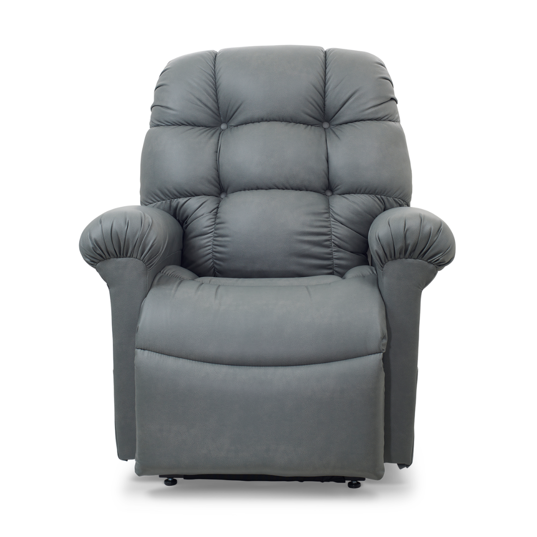 The Golden Tech PR515 Cloud Recliner With Lift Assist, ZG+ & Twilight is a gray, plush chair with tufted backrest and rolled arms, shown facing forward against a white background.