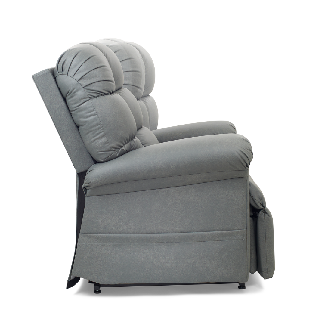 A side view of the Golden Tech PR515 Cloud Recliner With Lift Assist, ZG+ & Twilight, featuring plush light gray upholstery with padded backrest, seat, and armrests, set against a white background.