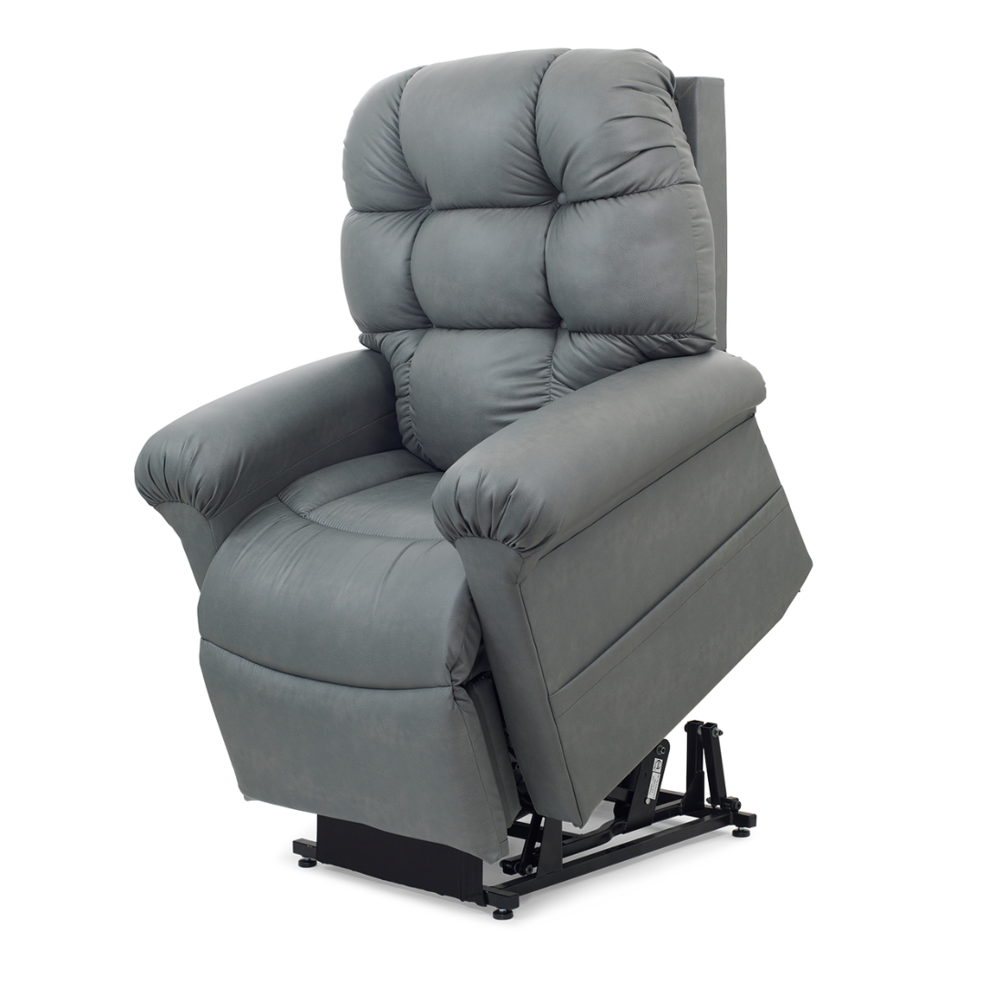 The Golden Tech PR515 Cloud Recliner With Lift Assist, ZG+ & Twilight features a gray upholstered design, padded armrests and backrest, and a mechanical base to gently lift and support you for ergonomic comfort.