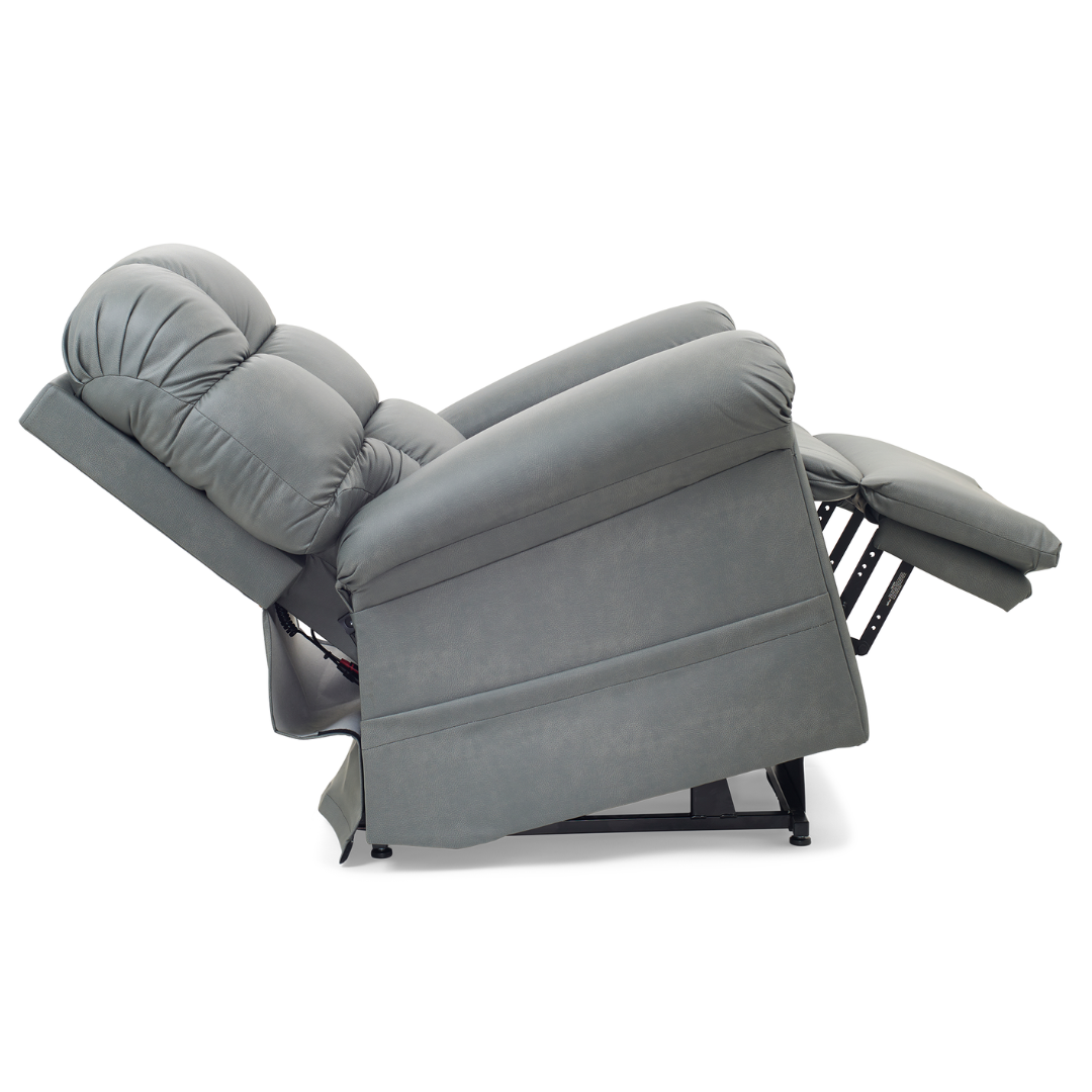 The Golden Tech PR515 Cloud Recliner With Lift Assist, ZG+ & Twilight is shown in gray, fully reclined with the backrest tilted and footrest extended, isolated on a white background.