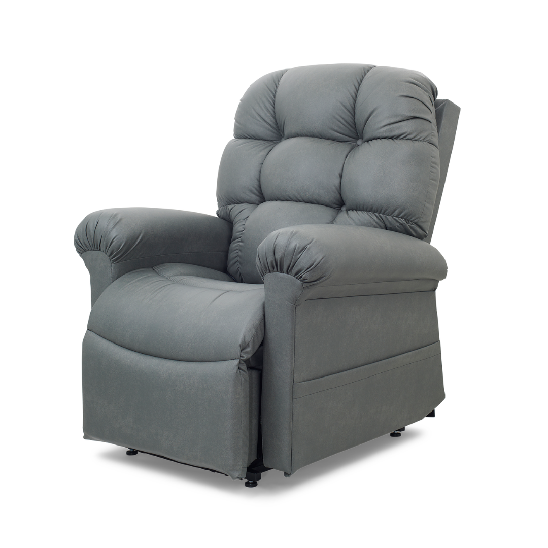 The Golden Tech PR515 Cloud Recliner With Lift Assist, ZG+ & Twilight is a plush, gray chair with padded armrests and a high, tufted backrest for ergonomic comfort, displayed against a plain white background.