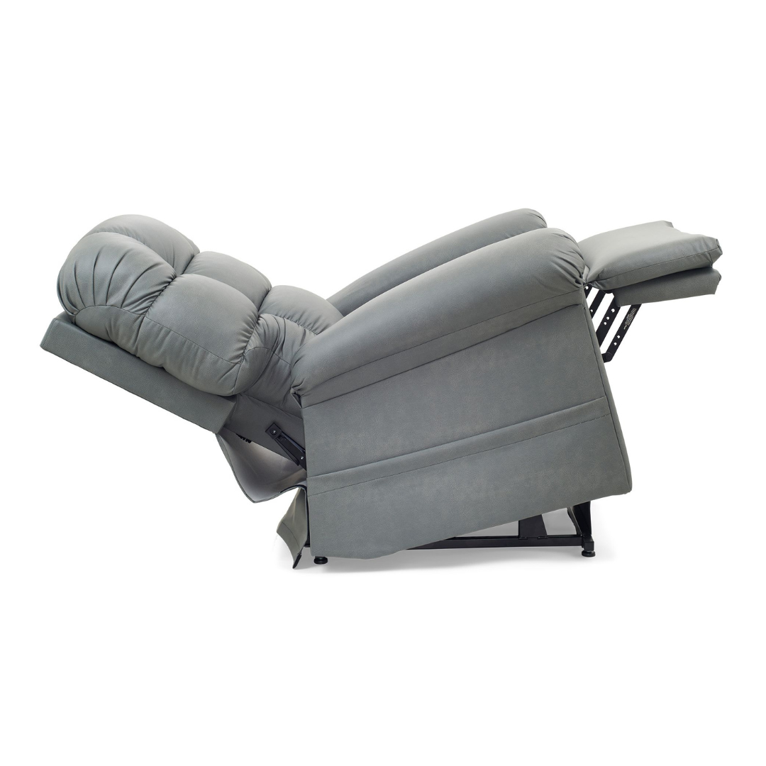 The Golden Tech PR515 Cloud Recliner With Lift Assist, ZG+ & Twilight is shown in gray, fully reclined with the footrest out and backrest tilted back for ergonomic comfort.
