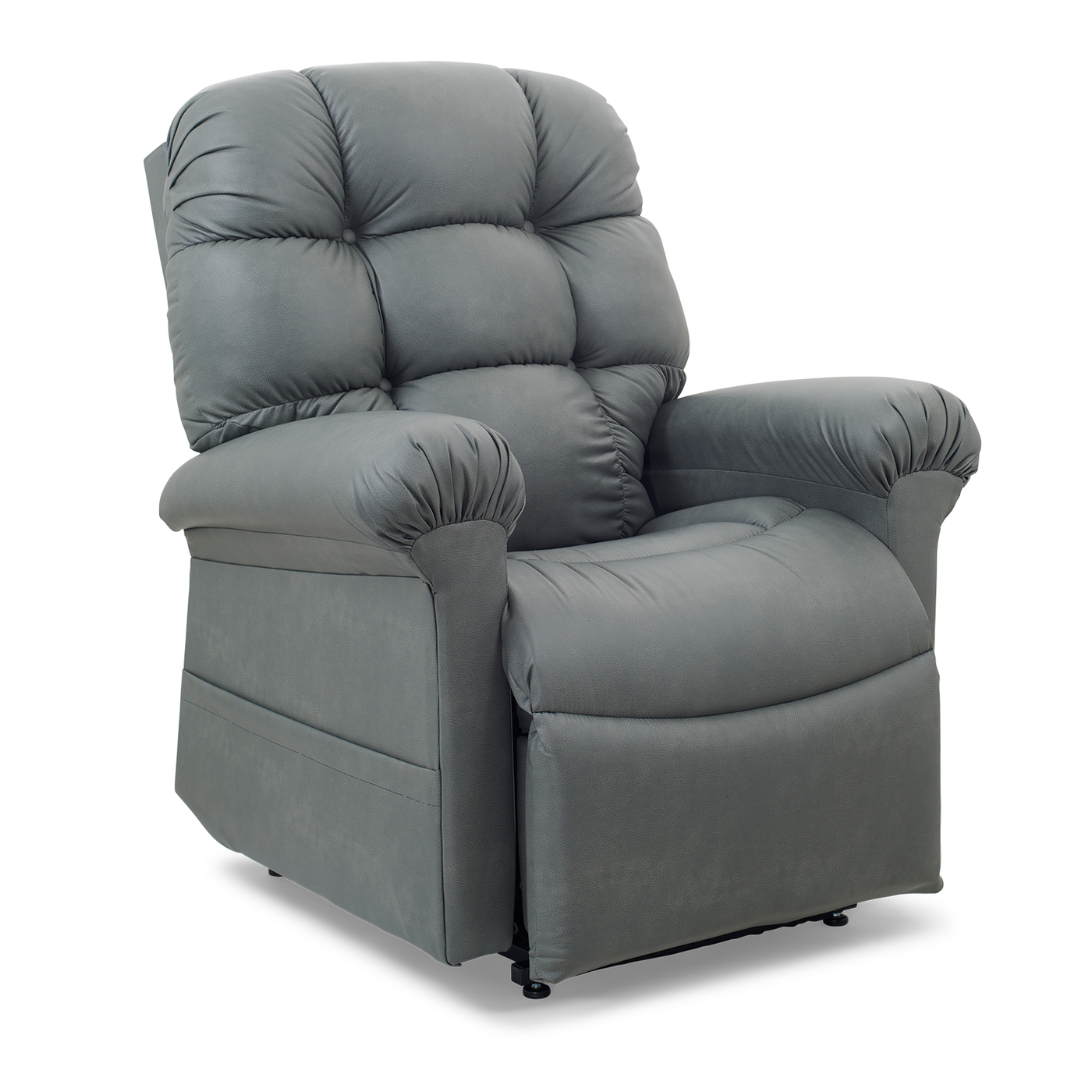 The Golden Tech PR515 Cloud Recliner With Lift Assist, ZG+ & Twilight is a plush gray ergonomic chair with a tufted backrest, padded armrests, and a cushioned seat, shown on a white background.