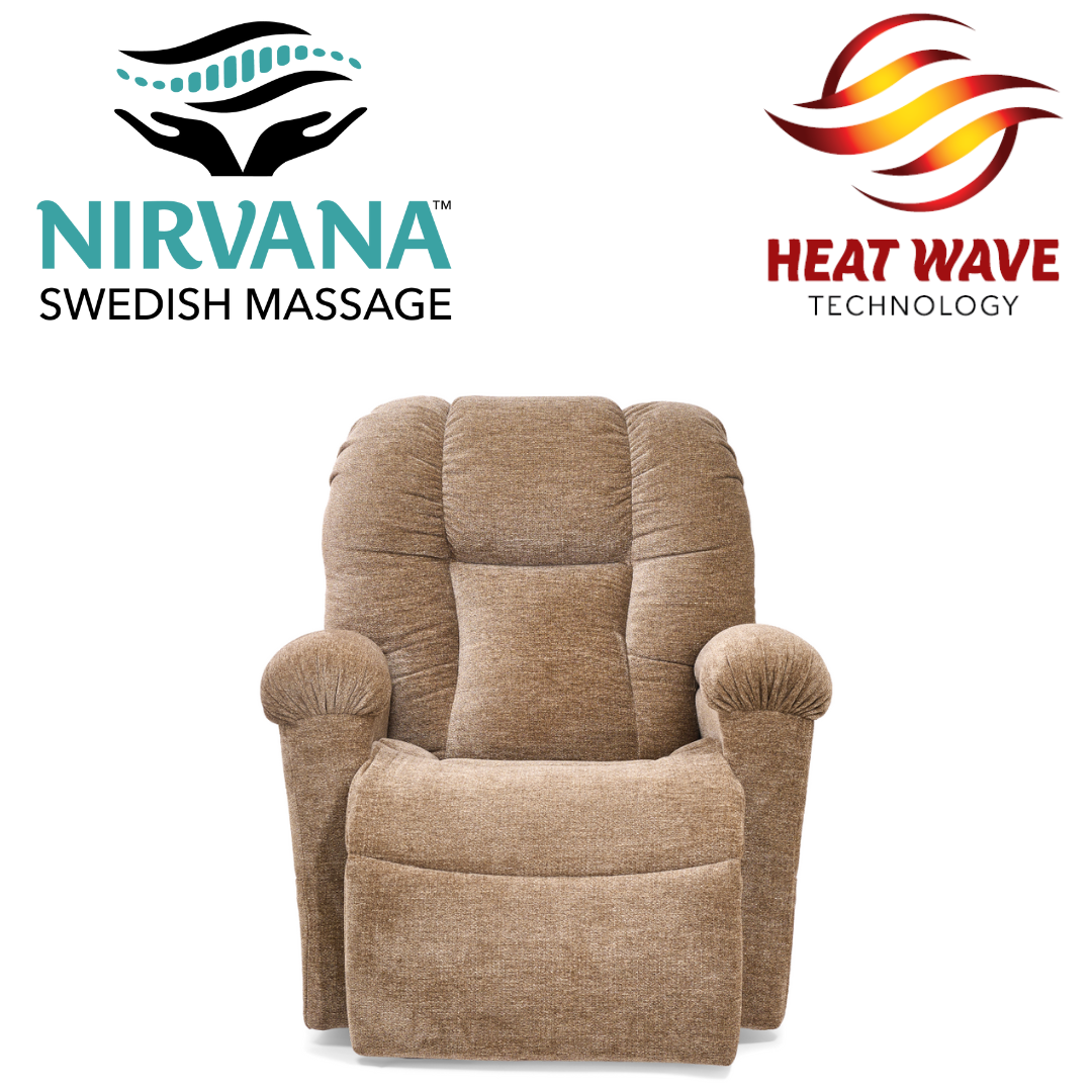 The Golden PR527 Cloud Lift Chair with Twilight, Heatwave, and Nirvana Massage is shown, featuring the Nirvana Swedish Massage logo on the left and the Heat Wave Technology logo on the right above the plush brown recliner.