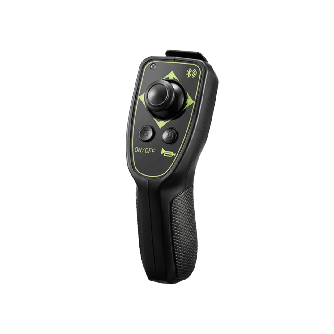 The Paiseec Electric Wheelchair Controller - Q5 is a black wireless remote with a joystick, multiple buttons, green accents, an on/off switch, and an ergonomic grip for comfortable use.