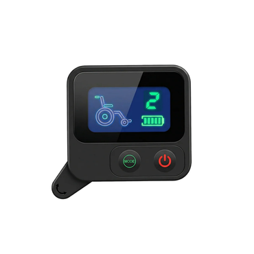 The Paiseec Electric Wheelchair Controller - Q5 features a digital display with a wheelchair icon, number 2, battery indicator, and two buttons—MODE and Power—on a black background with vivid green and blue graphics.