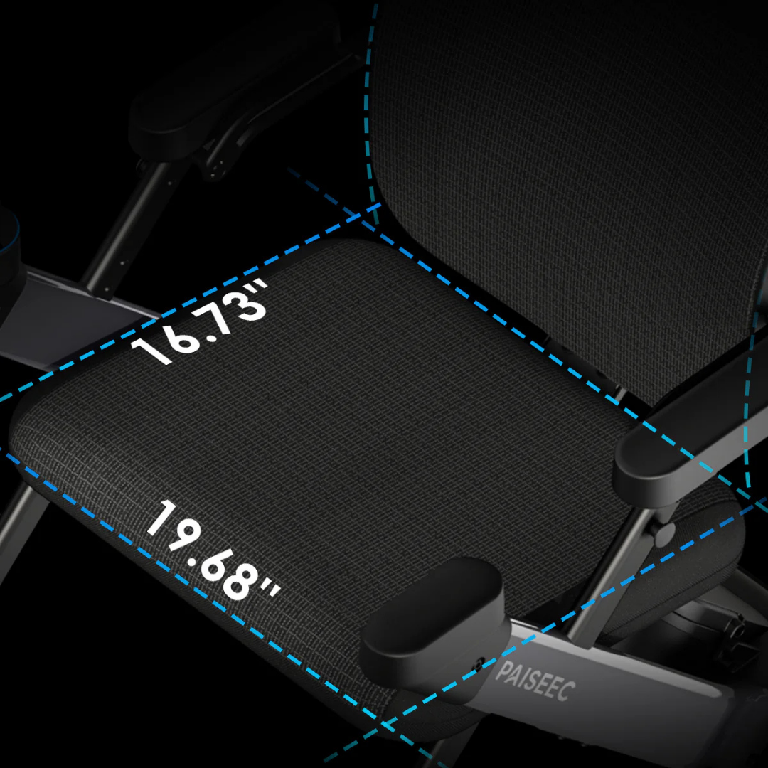 Close-up of the Paiseec Electric Wheelchair Parts & Accessories: black seat with blue dashed lines showing dimensions (16.73 deep, 19.68 wide), armrests, textured fabric, and a handy storage pocket for wheelchair use.