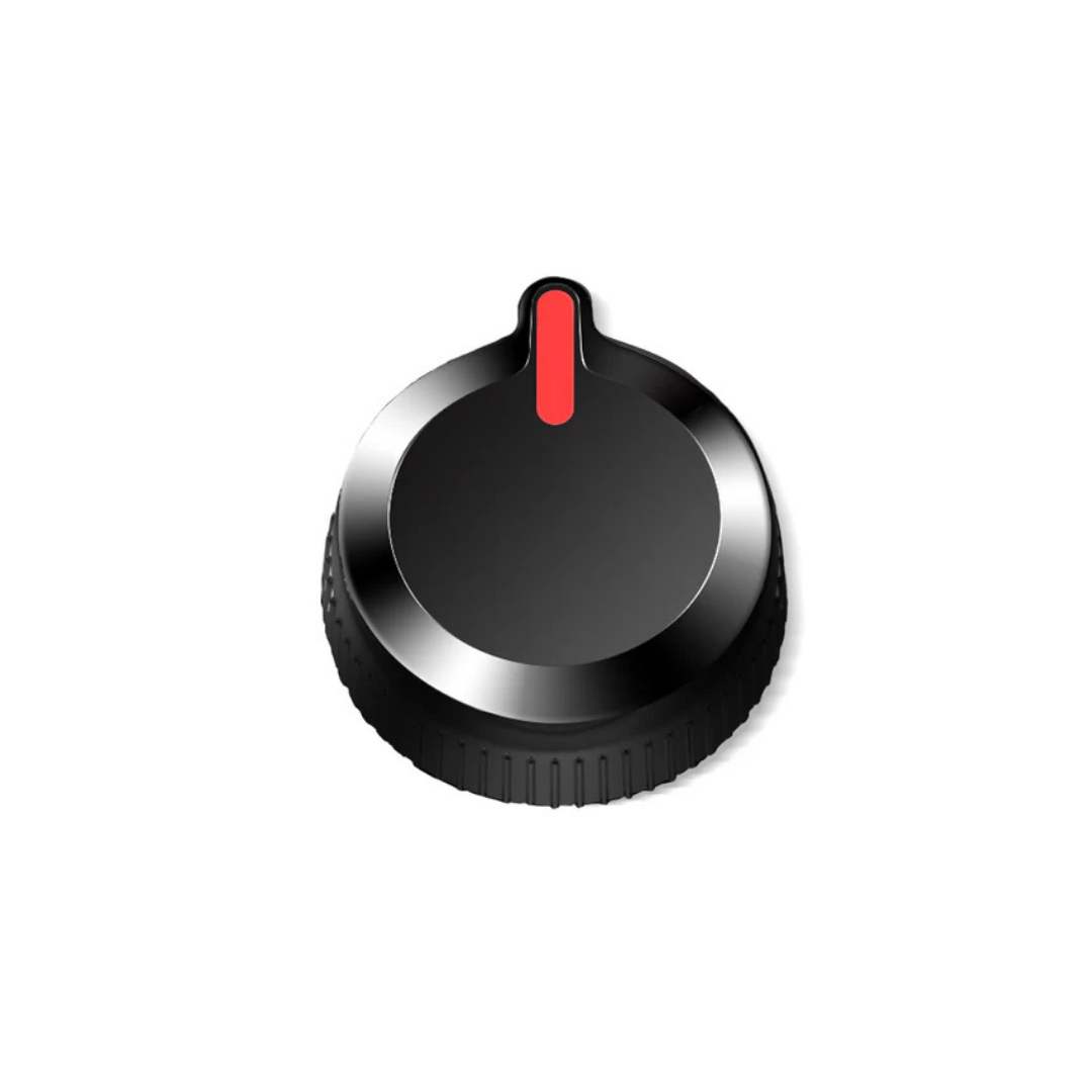 A black round control knob with a metallic edge and red indicator line, pictured on white—perfect as a Paiseec Mobility Scooter Parts accessory or for pairing with scooter tires and replacement chargers.