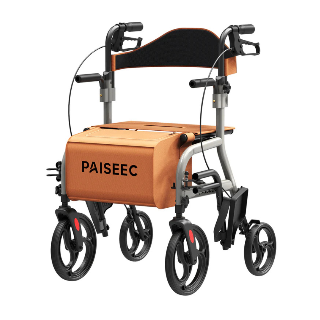 Introducing the Paiseec R1 2-in-1 Rollator Walker Transport Chair—lightweight with large wheels, hand brakes, and a cushioned seat with backrest. It includes a collapsible storage area for convenience, offering exceptional mobility support for those needing walking assistance.