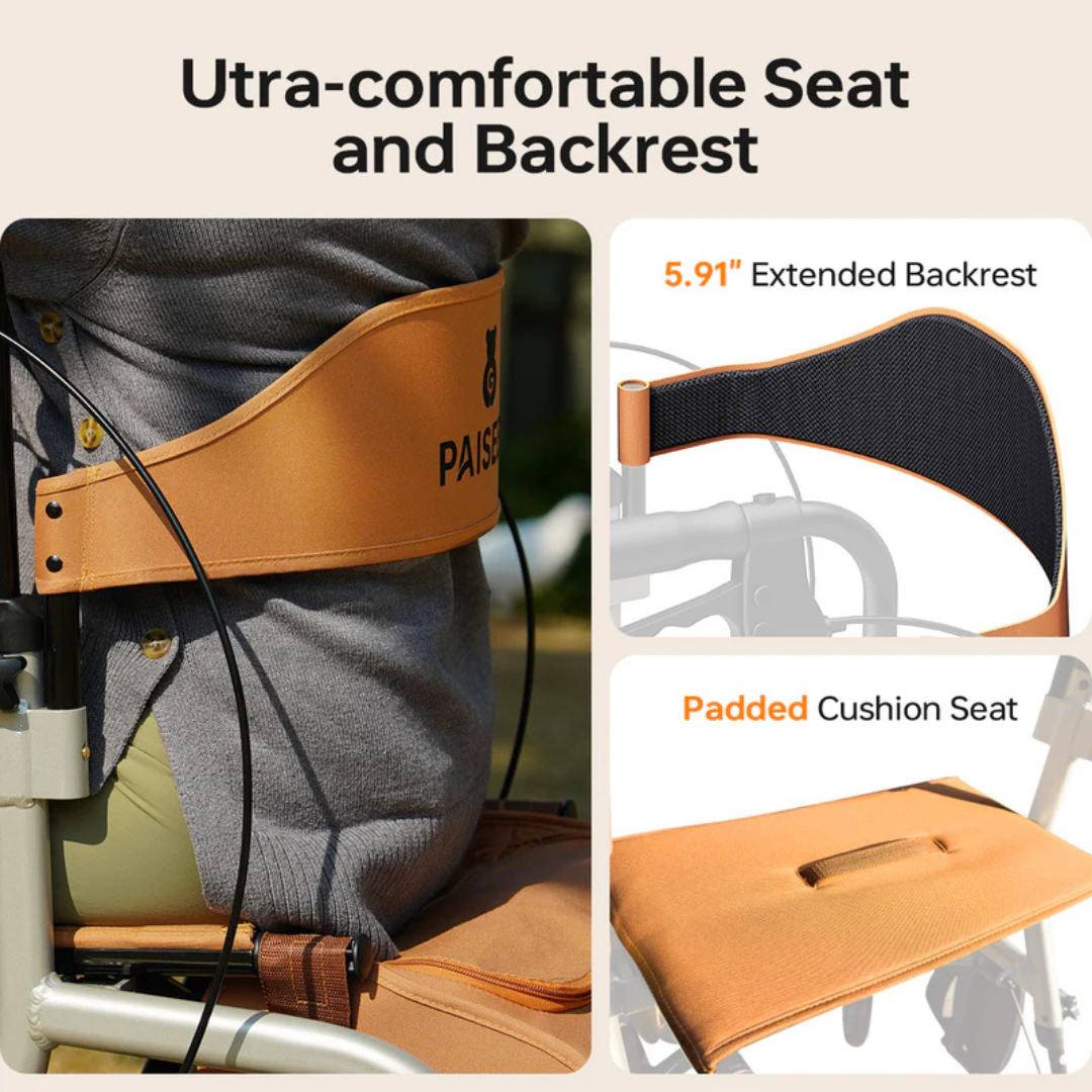 A collage features the Paiseec R1 2-in-1 Rollator Walker Transport Chairs seat and backrest. The left image depicts a person on a padded seat with an extended backrest for transport chair-like comfort, while the right provides close-ups of these ultra-comfortable features.