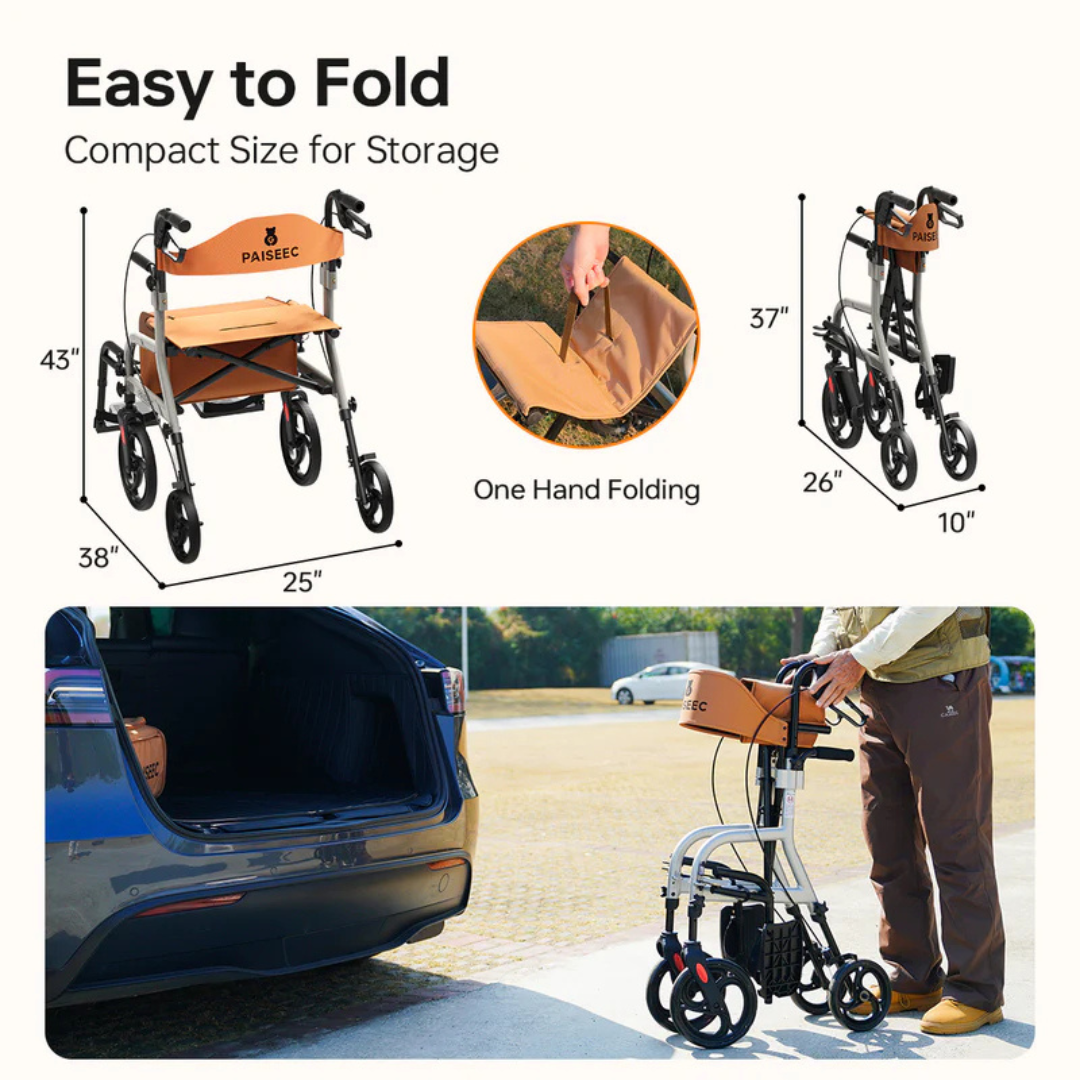 A collage features the Paiseec R1 2-in-1 Rollator Walker Transport Chair in orange and silver, sized 43 x 25 x 38. This lightweight rollator easily folds with one hand for convenient mobility support. A person places it effortlessly into a car trunk.