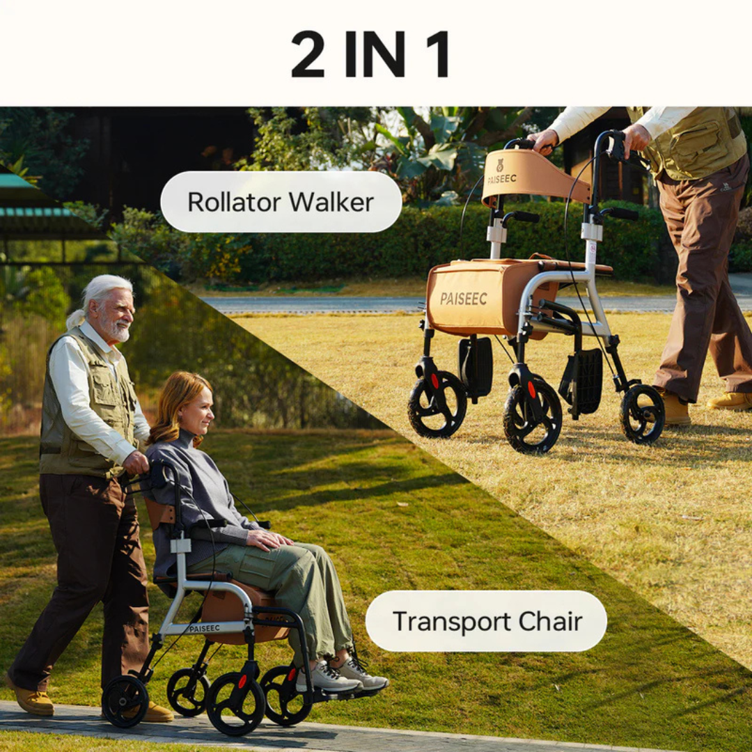 An elderly man pushes a woman seated in the Paiseec R1 2-in-1 Rollator Walker Transport Chair on the grass, showcasing its easy transformation from rollator to chair for exceptional mobility support.