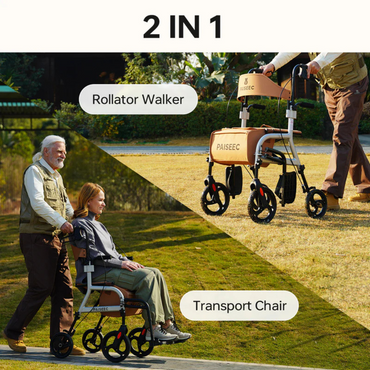 An elderly man pushes a woman seated in the Paiseec R1 2-in-1 Rollator Walker Transport Chair on the grass, showcasing its easy transformation from rollator to chair for exceptional mobility support.