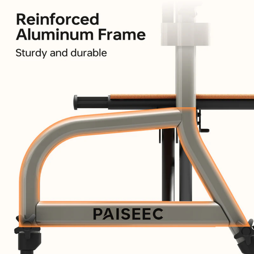 Close-up of a fitness equipment piece labeled PAISEEC R1 2-in-1 Rollator Walker Transport Chair, showcasing an orange-accented reinforced aluminum frame for enhanced mobility and durability. Text: Reinforced Aluminum Frame - Sturdy and Durable.