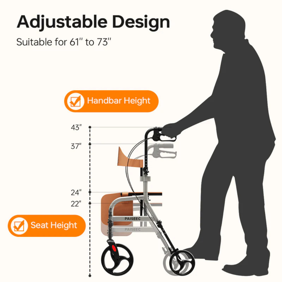A silhouette shows a person using the Paiseec R1 2-in-1 Rollator Walker Transport Chair, featuring adjustable seat (22-24) and handbar heights (37-43) for enhanced mobility support. Suitable for users from 61 to 73. Lightweight design ideal for everyday use.