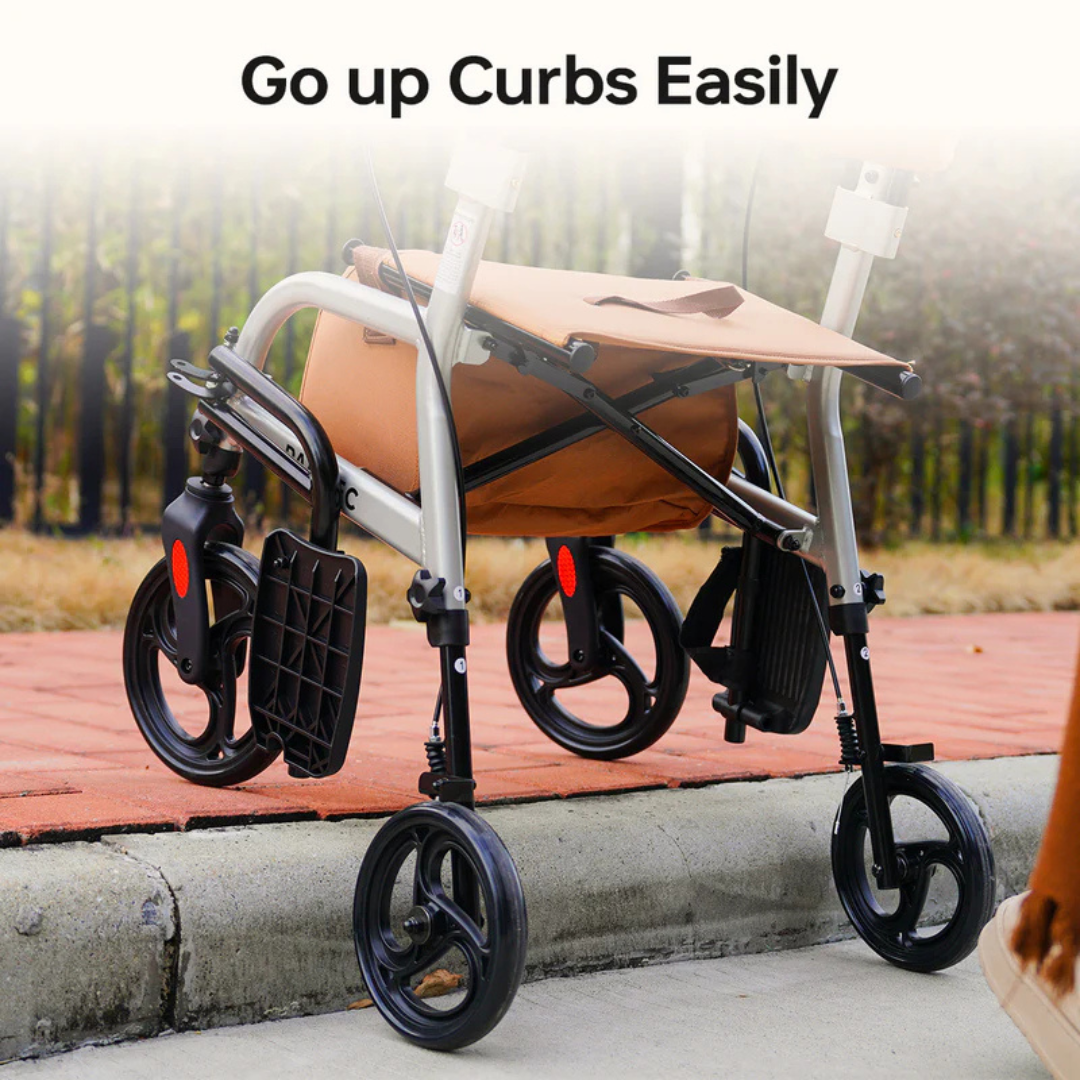 The Paiseec R1 2-in-1 Rollator Walker Transport Chair is seen on a snowy sidewalk with black wheels and a brown bag. The caption reads, Go up Curbs Easily, highlighting its excellent mobility support for outdoor adventures amidst the metal-fenced background.