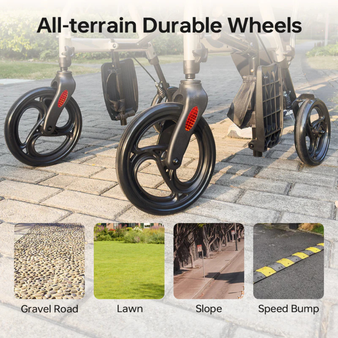 A close-up image highlights the all-terrain wheels of the Paiseec R1 2-in-1 Rollator Walker Transport Chair on a brick path. Four photos below show gravel road, lawn, slope, and speed bump surfaces, showcasing the lightweight wheels mobility support.