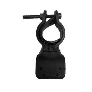 A black metal pipe clamp with a bolt and textured base, designed for securing cylindrical objects. Part of the Paiseec Mobility Scooter S3 Accessory Package, it features a rounded opening and visible rivets for added mobility support.