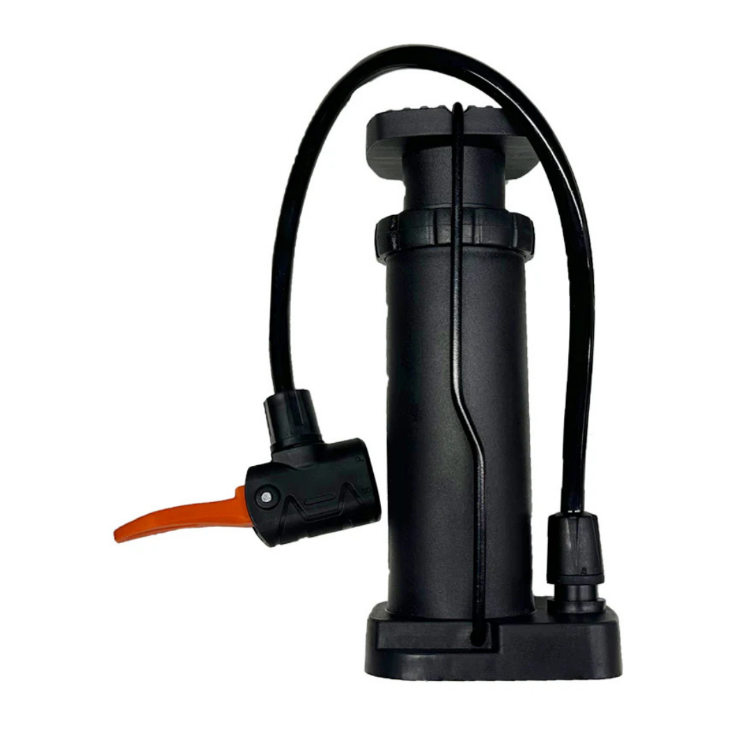 A black handheld pump with a cylindrical body, orange lever, and flexible hose—ideal for inflating items or as part of the Paiseec Mobility Scooter S3 Accessory Package.
