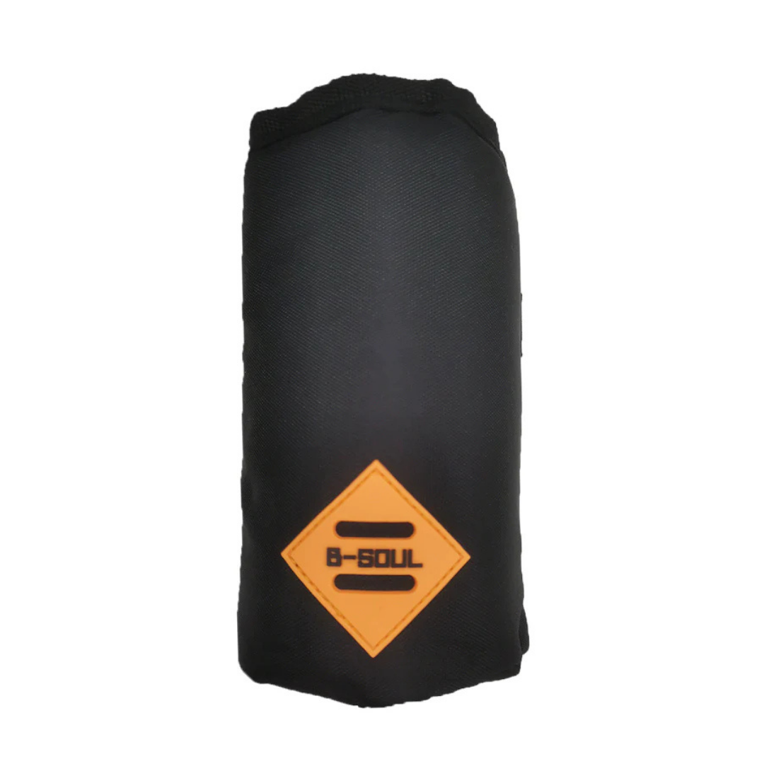 A black cylindrical bag with a textured surface and an orange B-SOUL patch—part of the Paiseec Mobility Scooter S3 Accessory Package, perfect for enhancing your scooter experience.