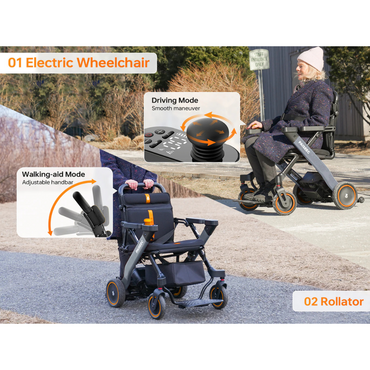 A woman smoothly navigates using the Paiseec W1 2-in-1 Electric Wheelchair, an ultralight 42 lbs model with a joystick. Nearby, a rollator in walking-aid mode features an adjustable handlebar, showcasing outdoor mobility options.