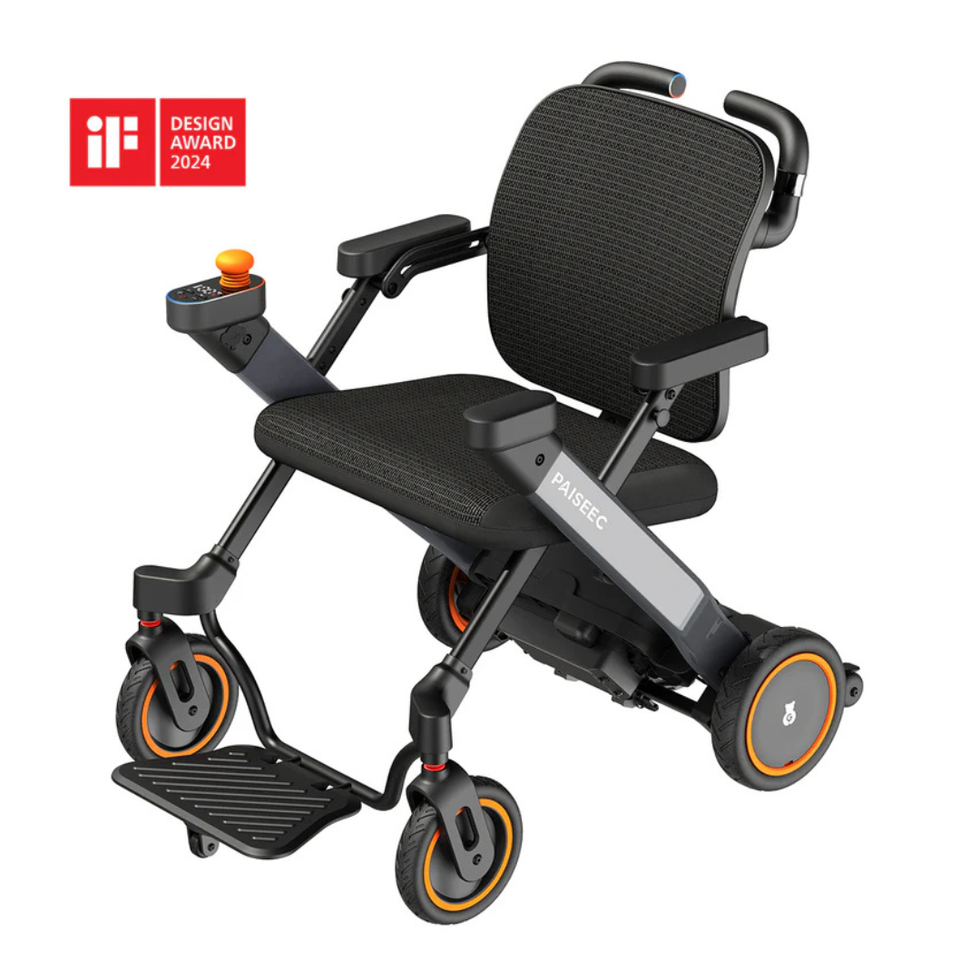 The Paiseec W3 3-in-1 Ultralite Electric Wheelchair Rollator Combo is a black and grey foldable mobility scooter with orange wheel accents, armrests, and a right-side joystick control. The iF Design Award 2024 logo is prominently displayed in the top left corner.