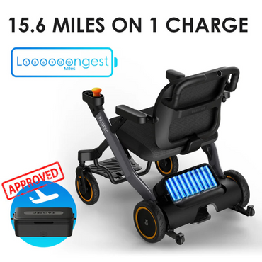 The Paiseec W3 3-in-1 Ultralite Electric Wheelchair Rollator Combo is featured in black with orange accents, showcasing its battery mechanism. The text highlights 15.6 miles on 1 charge alongside endurance graphics and an Approved stamp over a battery image, underlining its reliability and efficiency.