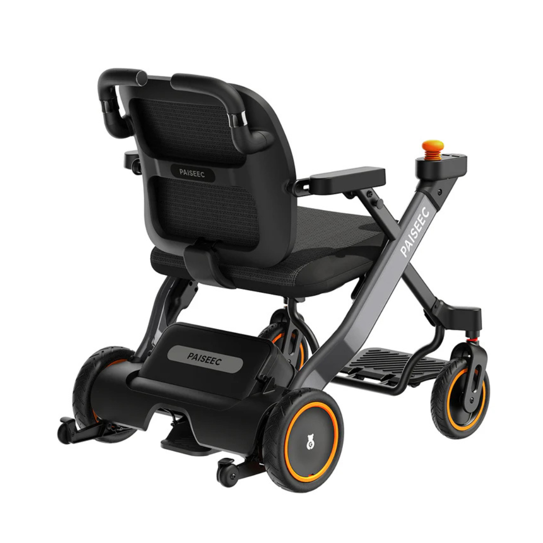 Introducing the Paiseec W3 3-in-1 Ultralite Electric Wheelchair Rollator Combo: a lightweight, foldable transport chair with sleek black and orange accents, featuring a cushioned seat and backrest, a right-arm joystick controller, large rear wheels, and smaller front wheels for smooth mobility.