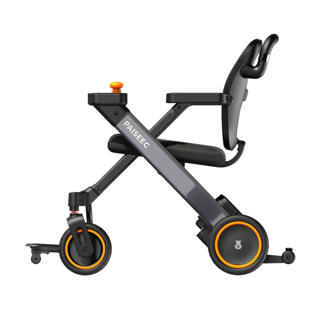 The Paiseec W3 3-in-1 Ultralite Electric Wheelchair Rollator Combo is a compact, foldable wheelchair with a sleek black frame and orange accents. It has large rear wheels, small front wheels, a cushioned seat and backrest, and an orange control knob on the right armrest for easy navigation.