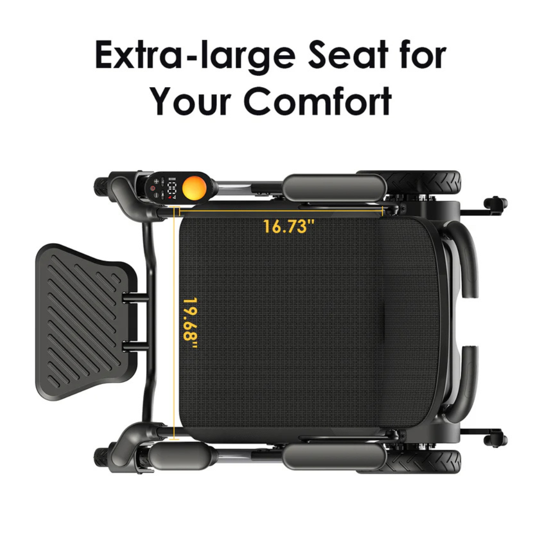Top view of the Paiseec W3 3-in-1 Ultralite Electric Wheelchair Rollator Combo with an extra-large seat measuring 16.73 inches wide by 19.68 inches long, showing the footrest and wheels and text stating, Extra-large Seat for Your Comfort.