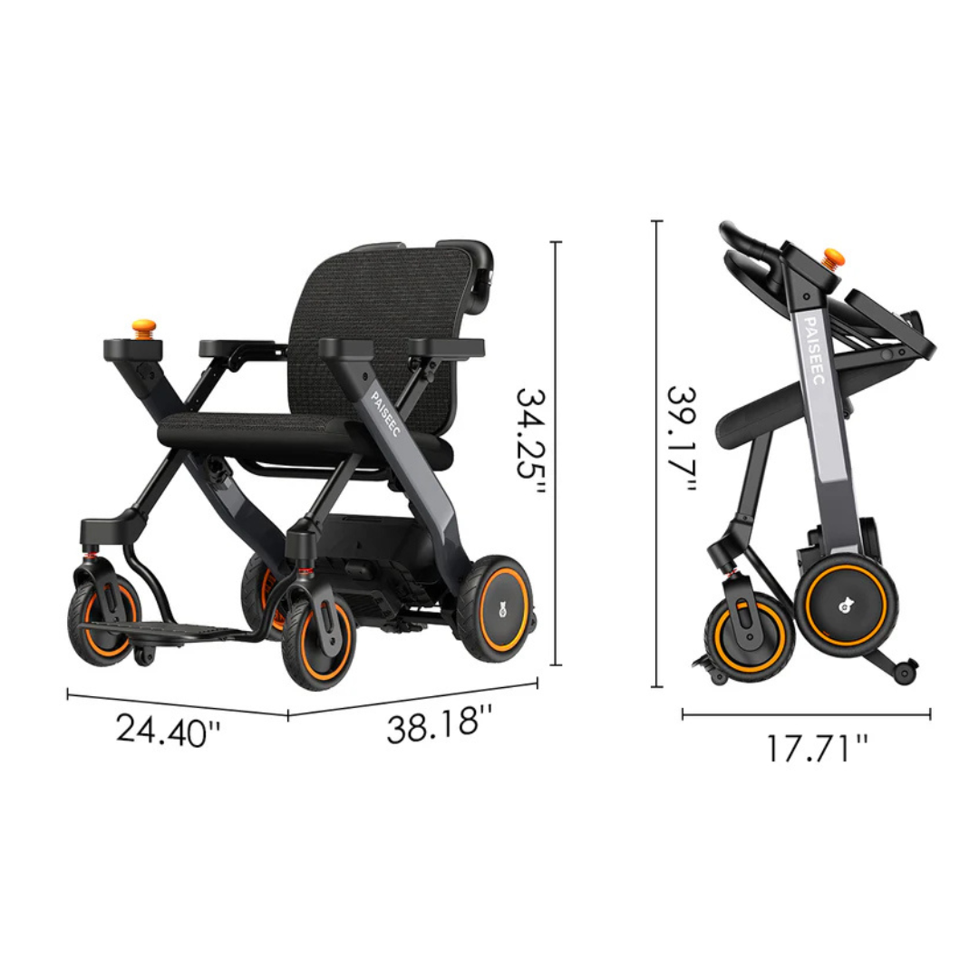 The Paiseec W3 3-in-1 Ultralite Electric Wheelchair Rollator Combo is a sleek foldable mobility scooter showcasing unfolded dimensions of 38.18L x 24.40W x 34.25H and compactly folding to 17.71W x 39.17H, with a black frame and vibrant orange wheel accents.