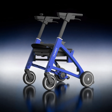A Paiseec FLEX 3-in-1 Lightweight Folding Mobility Device in modern blue, featuring four wheels, a seat, and ergonomic handles, stands on a reflective surface against a black-to-blue gradient background—highlighting its sleek and lightweight folding design.
