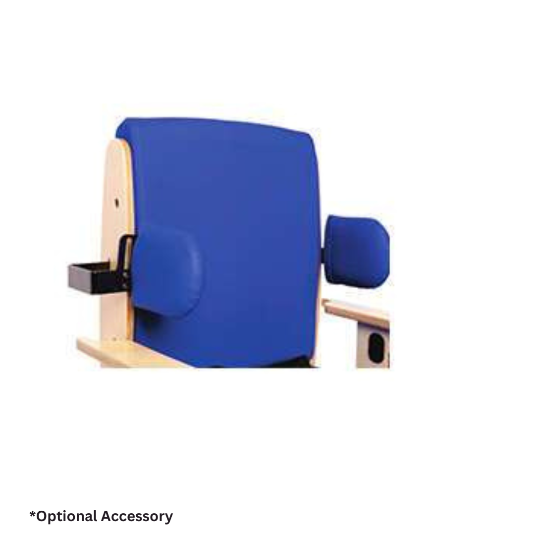 A padded blue backrest with matching side and lateral supports, mounted on wood, designed for the Circle Specialty Pango Pediatric Activity Chair. Text below reads “*Optional Accessory.”.