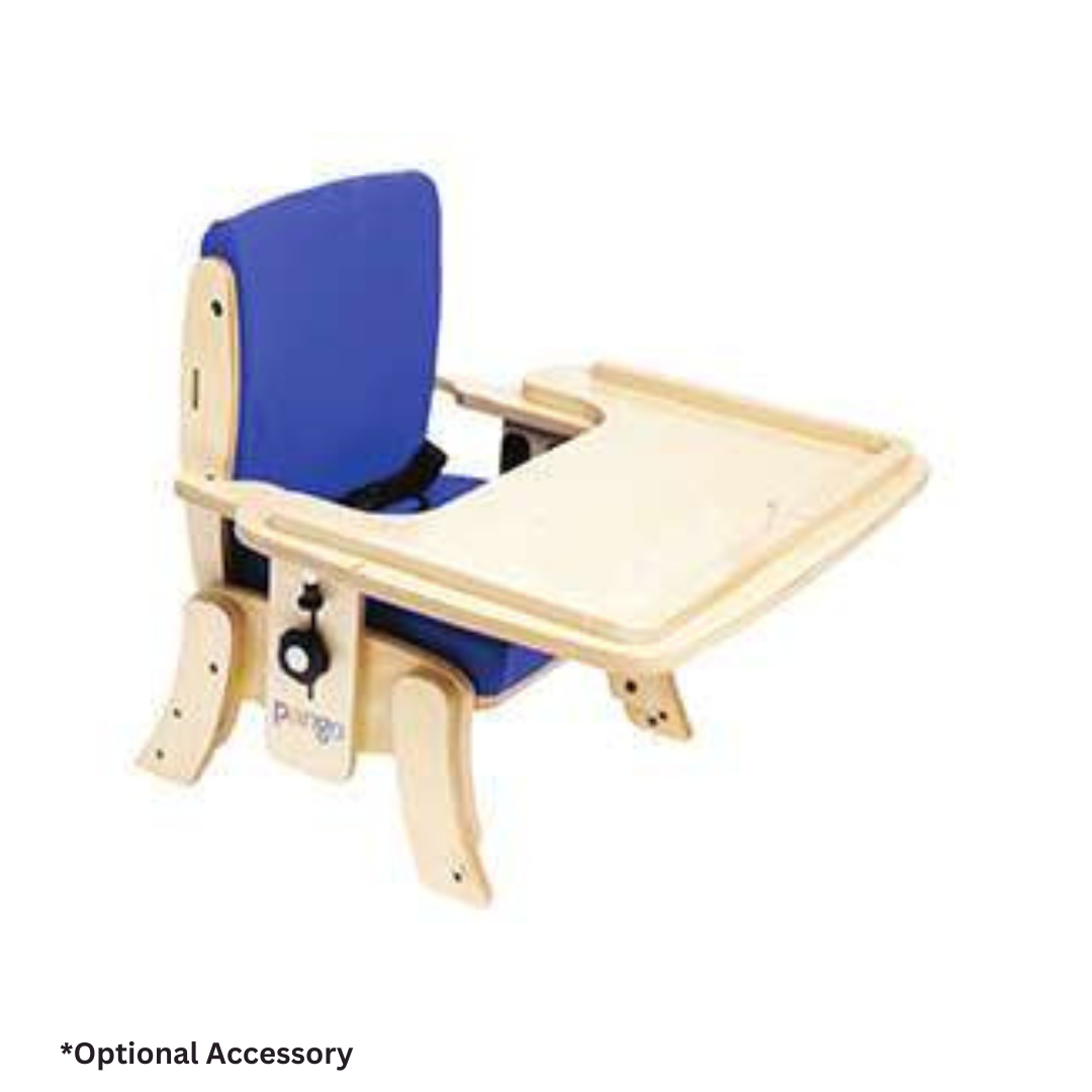 The Circle Specialty Pango Pediatric Activity Chair is a wooden chair with blue cushioning, a high backrest, safety belt, and an optional adjustable tray table for added versatility.