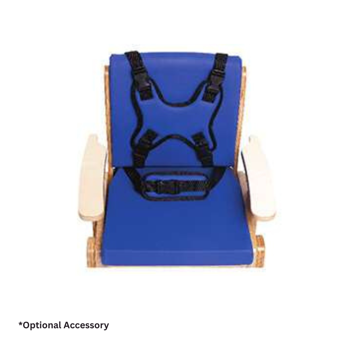 A Circle Specialty Pango Pediatric Activity Chair in blue with wooden armrests and a black safety harness is shown against a white background. Text below reads: *Optional Accessory.