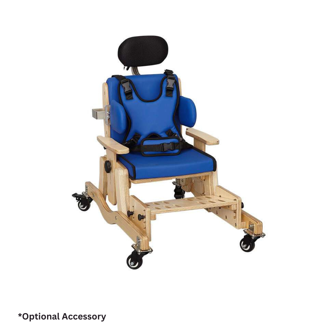 The Circle Specialty Pango Pediatric Activity Chair is a wooden chair with blue padding, black headrest, safety harness, footrest, armrests, and four caster wheels. Text below reads: *Optional Accessory.