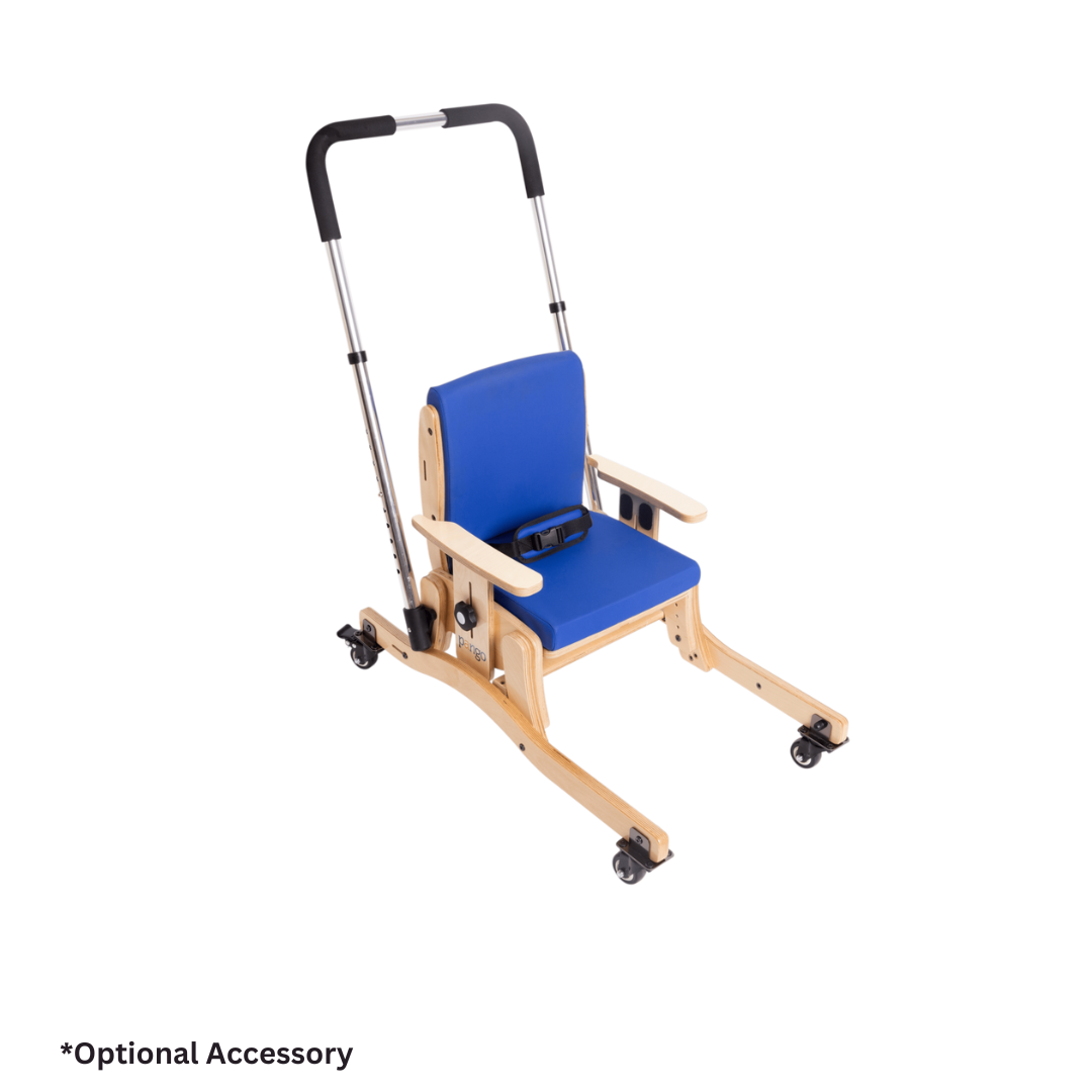The Circle Specialty Pango Pediatric Activity Chair features a wooden frame, blue cushioned seat and backrest, white armrests, black safety belt, adjustable handlebar, and four wheels. “*Optional Accessory” text appears in the lower left corner.