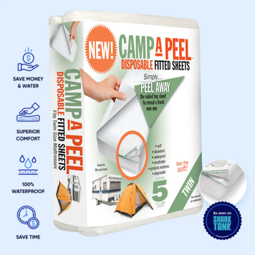 Packaging for Peelaways Multi-Layer Disposable & Waterproof Fitted Sheets highlights waterproof, absorbent, and breathable single-use comfort. Caregiver-friendly design, ideal for tents/RVs. Includes Shark Tank logo plus icons for savings, comfort, and durability.