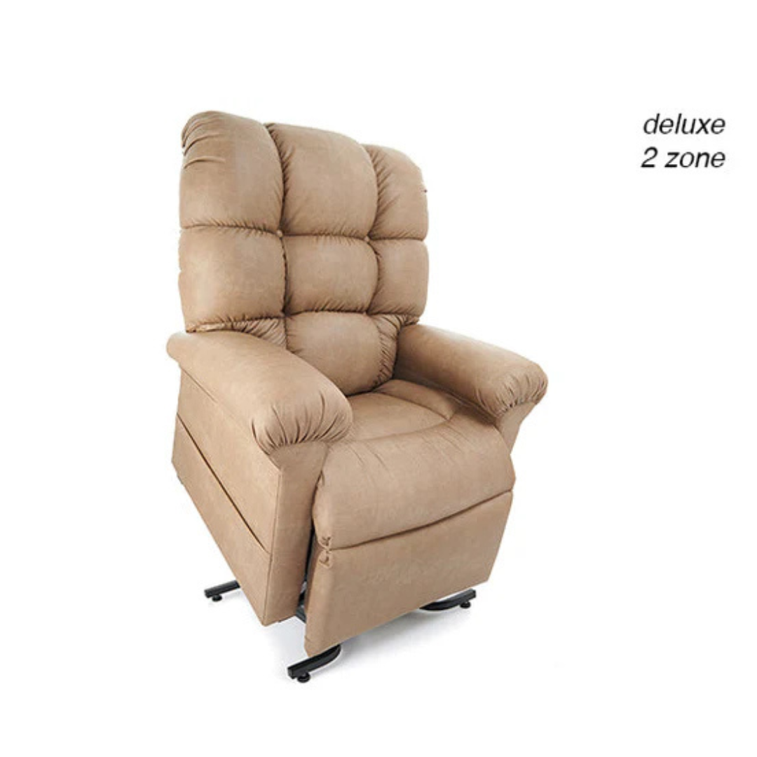 Tan recliner chair featuring a plush, tufted design and padded armrests. The text reads deluxe 2 zone. Experience ultimate comfort with the Journey Perfect Sleep Reclining Lift Chairs adjustable footrest and seat, plus therapeutic heat and massage features.
