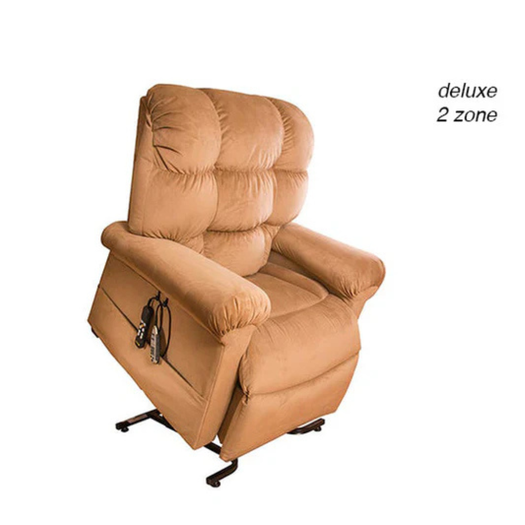 Tan Journey Perfect Sleep Reclining Lift Chair with plush padding, heat, and massage for ultimate comfort. It features two adjustable zones and a side-attached remote control. Text in the top corner reads Perfect Sleep Chair.
