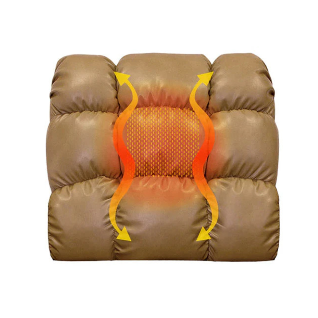 This image showcases the Journey Perfect Sleep Reclining Lift Chair with Heat, featuring a cushioned quilted brown design. The central orange area has wavy yellow arrows, symbolizing therapeutic warmth and massage for optimal comfort and heat distribution.